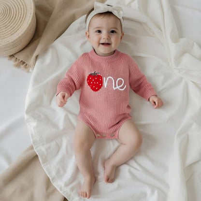 Baby Girl First Birthday Outfit One Year Old Strawberry Embroidery Knit Sweater Romper Warm Fall Winter Clothes