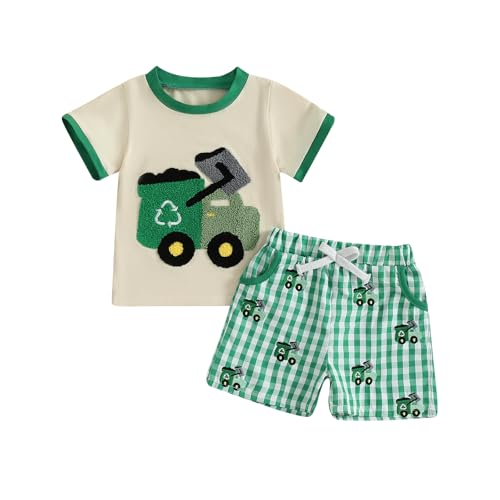 Toddler Baby Boy Summer Outfits Short Sleeve Embroidered T Shirt Tees + Striped/Plaid Shorts Infant Clothes Set