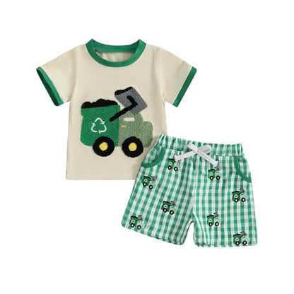 Toddler Baby Boy Summer Outfits Short Sleeve Embroidered T Shirt Tees + Striped/Plaid Shorts Infant Clothes Set