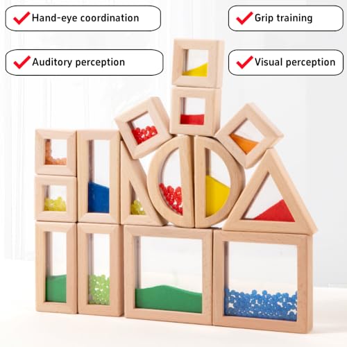 Rainbow Sensory Toys Blocks,15 Large Pcs Wooden Building Blocks for Toddlers Baby Kids,Colorful Geometric Stacking Toys, Preschool Educational Toy Set.