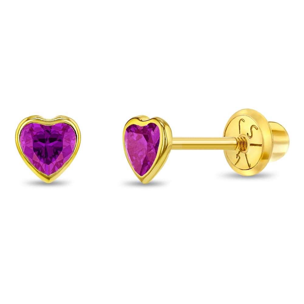 14k Yellow Gold 4mm Bezel Set Heart Cubic Zirconia Screw Back Earrings for Baby Girls, Toddlers and Young Girls - Cute Heart Earring Studs for Children with Locking Screw Backs for Kids