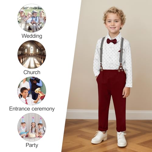 CARETOO Toddler Boy Clothes Suit Gentleman Wedding Outfits Kids Formal Dress Shirt Bowtie Long Suspender Pants Overalls 1-5T