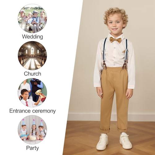 CARETOO Toddler Boy Clothes Suit Gentleman Wedding Outfits Kids Formal Dress Shirt Bowtie Long Suspender Pants Overalls 1-5T