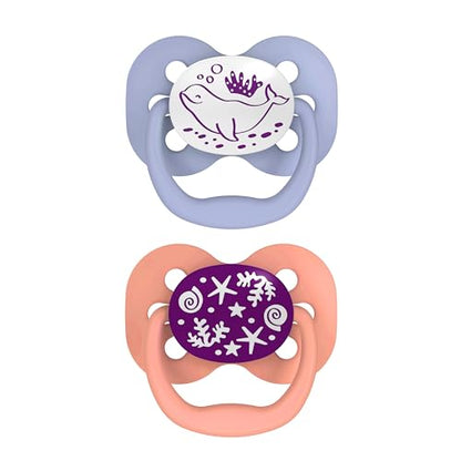 Dr. Brown's Advantage Glow-in-the-Dark Baby Pacifier, Fully Symmetrical Soother with Soft Silicone Bulb, Lavender Love-Coral Ocean, 0-6m, BPA Free, 4 Pack