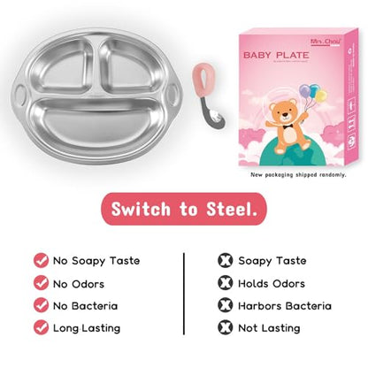 Mrs. Chou® Stainless Steel Baby Suction Plates Divided Designed for Babies and Toddlers, Made of 100% Food-Grade Materials Ideal for Baby-Led Weaning BPA-Free Toddler Feeding Supplies Dishwasher Safe