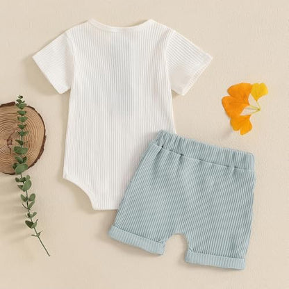 fhutpw Baby Boy Clothes Short Sleeve Romper & Shorts Sets Newborn 3 6 12 Months Summer Knitted Ribbed Splicing Color Outfits