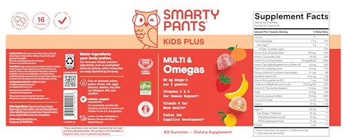SmartyPants Kids Multivitamin Gummies: Omega 3 Fish Oil (EPA/DHA), Vitamin D3, C, Vitamin B12, B6, A, K & Zinc for Immune Support, Biotin, Gluten Free, Three Fruit Flavors, 120 Count (30 Day Supply)