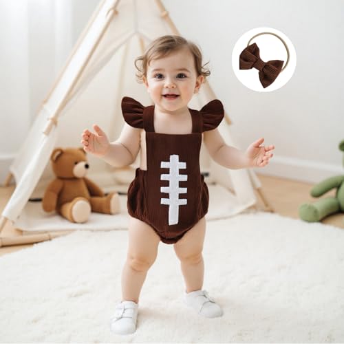 Football Baby Girl Outfit Embroidery Football Romper Ruffle Sleeve Corduroy Bodysuit Overalls Game Day Clothes