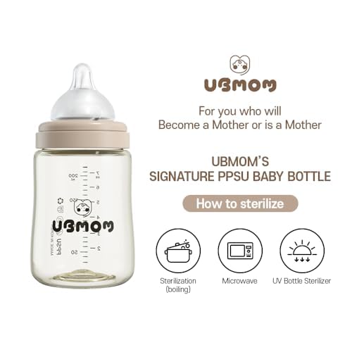 PPSU All in One Baby Bottle, PPSU Baby Bottle for Breastfeeding Babies, Anti-Colic Wide-Neck Non-Tip Stable Base, Easy to Clean Natural Baby Bottle 200ml, 6.76oz, Nipple S Level(0~3M) (Beige)