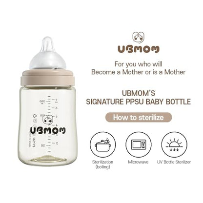 PPSU All in One Baby Bottle, PPSU Baby Bottle for Breastfeeding Babies, Anti-Colic Wide-Neck Non-Tip Stable Base, Easy to Clean Natural Baby Bottle 200ml, 6.76oz, Nipple S Level(0~3M) (Beige)