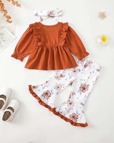 Toddler Baby Girl Clothes Fall/Winter Girls Outfits Ruffle Long Sleeve Tops Floral Flared Pants Girls' Clothing Sets