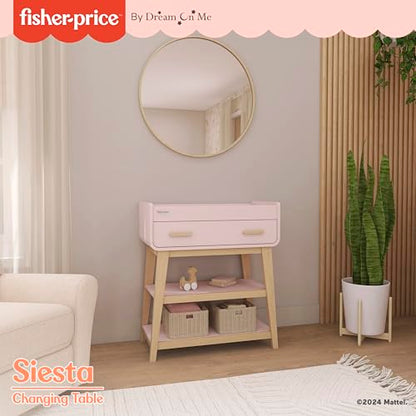 Fisher-Price Iris/Siesta Changing Table by Dream On Me, Blush Pink, JPMA & Greenguard Gold Certified, with a Bottom Closed Drawer and Two Open Shelves for Storage