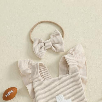 Football Baby Girl Outfit Embroidery Football Romper Ruffle Sleeve Corduroy Bodysuit Overalls Game Day Clothes