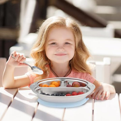 Mrs. Chou® Stainless Steel Baby Suction Plates Divided Designed for Babies and Toddlers, Made of 100% Food-Grade Materials Ideal for Baby-Led Weaning BPA-Free Toddler Feeding Supplies Dishwasher Safe