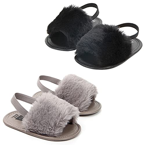 2 Pack Infant Baby Girls Sandals Elastic Back Strap Flats Slippers Soft Toddles Princess Shoes Faux Fur Slides Shoes First Walker House Shoes