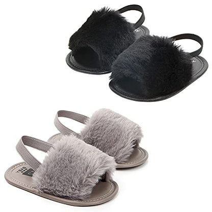 2 Pack Infant Baby Girls Sandals Elastic Back Strap Flats Slippers Soft Toddles Princess Shoes Faux Fur Slides Shoes First Walker House Shoes