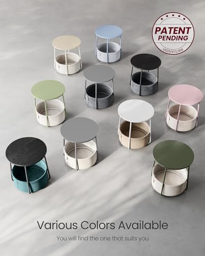VASAGLE End Table, Small Bedside Table with Fabric Basket, Modern Nightstand, Round Side Table, for Living Room, Bedroom, Matte White and Camel Brown ULET223W10