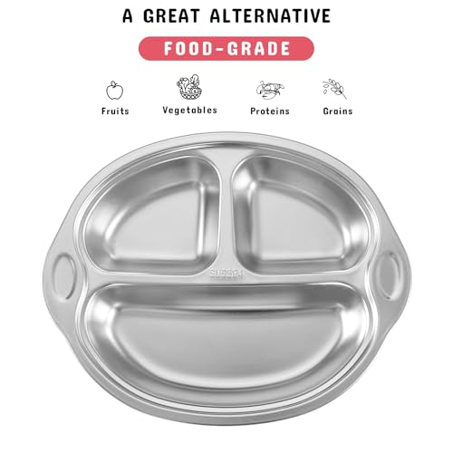 Mrs. Chou® Stainless Steel Baby Suction Plates Divided Designed for Babies and Toddlers, Made of 100% Food-Grade Materials Ideal for Baby-Led Weaning BPA-Free Toddler Feeding Supplies Dishwasher Safe