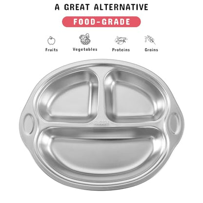 Mrs. Chou® Stainless Steel Baby Suction Plates Divided Designed for Babies and Toddlers, Made of 100% Food-Grade Materials Ideal for Baby-Led Weaning BPA-Free Toddler Feeding Supplies Dishwasher Safe