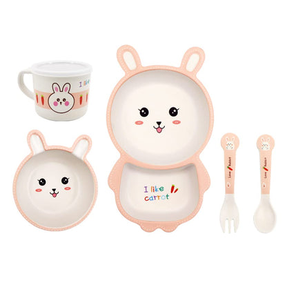 Bamboo Kids Dinnerware Set 5 Pcs Includes Plate Bowl Cup Fork Spoon Perfect for Kids BPA-Free (Little Dinosaur)