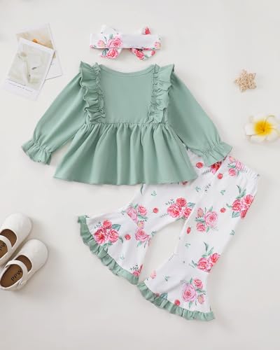 Toddler Baby Girl Clothes Fall/Winter Girls Outfits Ruffle Long Sleeve Tops Floral Flared Pants Girls' Clothing Sets