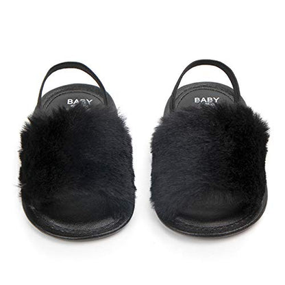 2 Pack Infant Baby Girls Sandals Elastic Back Strap Flats Slippers Soft Toddles Princess Shoes Faux Fur Slides Shoes First Walker House Shoes