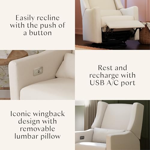 Babyletto Kiwi Electric Power Glider Recliner Nursery Chair w/ USB Ports - Water & Stain Resistant Glider Rocking Chair for Nursery - GREENGUARD Gold Certified Swivel Rocker Recliner Chair - Cream