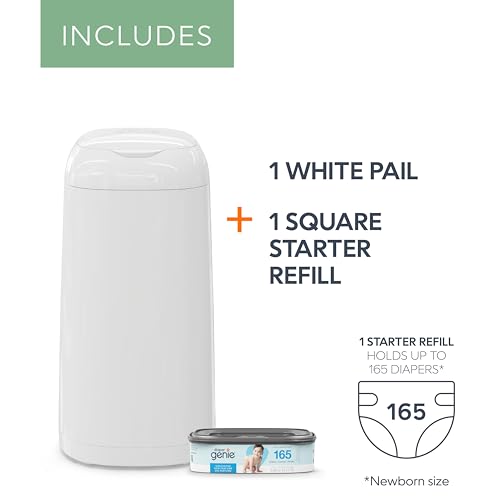 Diaper Genie Classic Pail Includes 1 Starter Square Refill That can Hold up to 165 Newborn-Sized Diapers.