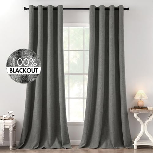 MIULEE 100% Blackout Linen Textured Curtains for Bedroom Solid Thermal Insulated Natural Beige Grommet Room Darkening Curtains & Drapes Luxury Decor for Living Room Nursery 52 x 84 Inch (2 Panels)