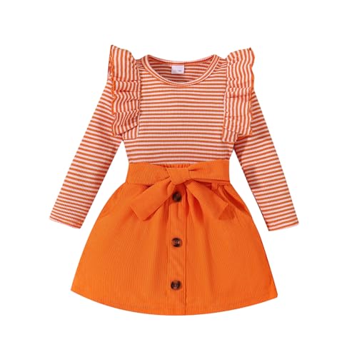 Noubeau Toddler Baby Girls Plaid Outfits Knit Ribbed Sweatshirt Shirt Tops Red Plaid Belt Skirt Fall Winter Clothes