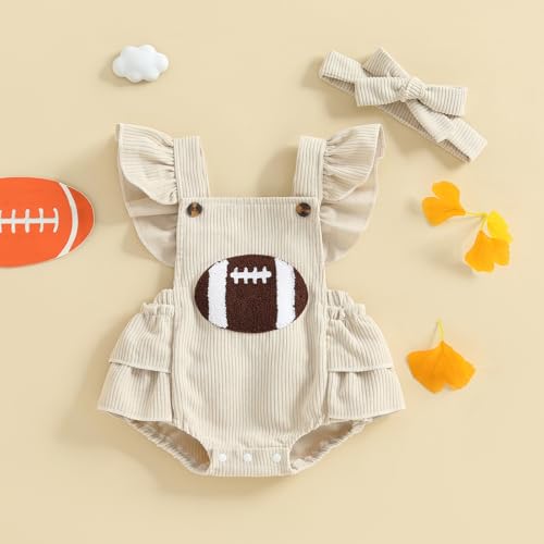 Football Baby Girl Outfit Embroidery Football Romper Ruffle Sleeve Corduroy Bodysuit Overalls Game Day Clothes