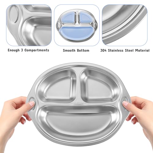 Mrs. Chou® Stainless Steel Baby Suction Plates Divided Designed for Babies and Toddlers, Made of 100% Food-Grade Materials Ideal for Baby-Led Weaning BPA-Free Toddler Feeding Supplies Dishwasher Safe