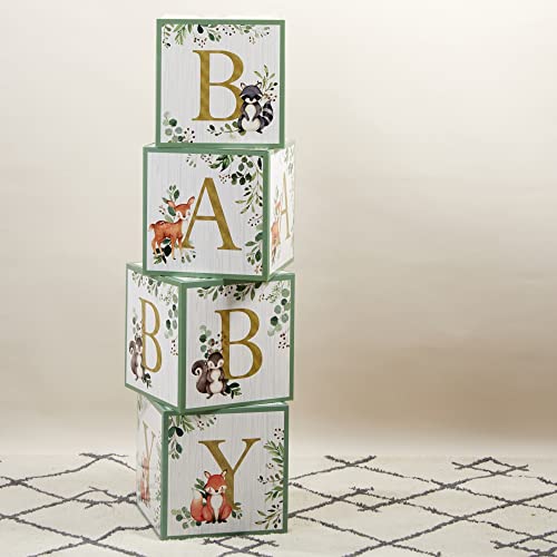 Kate Aspen Woodland Baby Shower Boxes with Letters for Baby Shower Gender Reveal Decorations Photo Prop & Forest Animal Nursery Decor (Set of 4 Blocks Spells Baby)