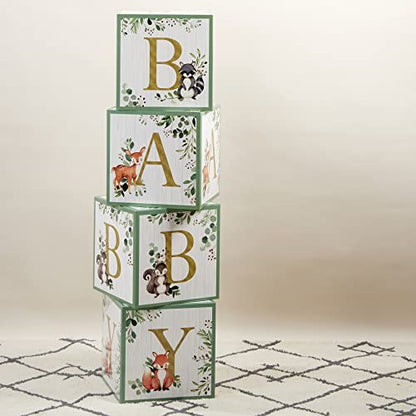 Kate Aspen Woodland Baby Shower Boxes with Letters for Baby Shower Gender Reveal Decorations Photo Prop & Forest Animal Nursery Decor (Set of 4 Blocks Spells Baby)