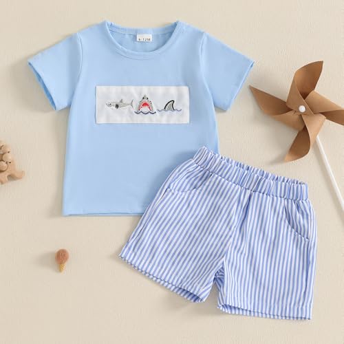 fhutpw Baby Toddler Boy Summer Clothes Embroidery Pattern Short Sleeve Tops & Casual Shorts 6 12 18 Months Outfits Sets