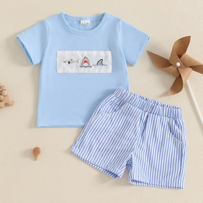 fhutpw Baby Toddler Boy Summer Clothes Embroidery Pattern Short Sleeve Tops & Casual Shorts 6 12 18 Months Outfits Sets