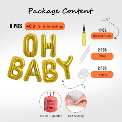 40 Inch Oh Baby Balloon, Shower Decorations, Large Sign for Backdrop, Shiny Banner for Gender Reveal Party Supplies (Gold)