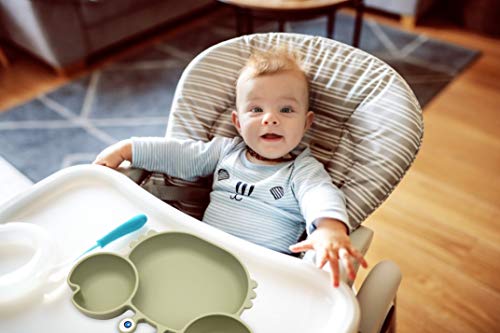 Silicone Suction Plate for Toddlers with Fork Spoon Set - Self Feeding Training Divided Plate Dish and Bowl for Baby and Toddler, Fits for Most Highchairs Trays (Cyan)