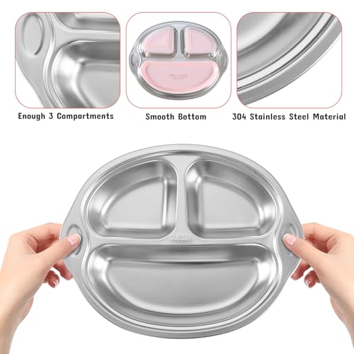 Mrs. Chou® Stainless Steel Baby Suction Plates Divided Designed for Babies and Toddlers, Made of 100% Food-Grade Materials Ideal for Baby-Led Weaning BPA-Free Toddler Feeding Supplies Dishwasher Safe