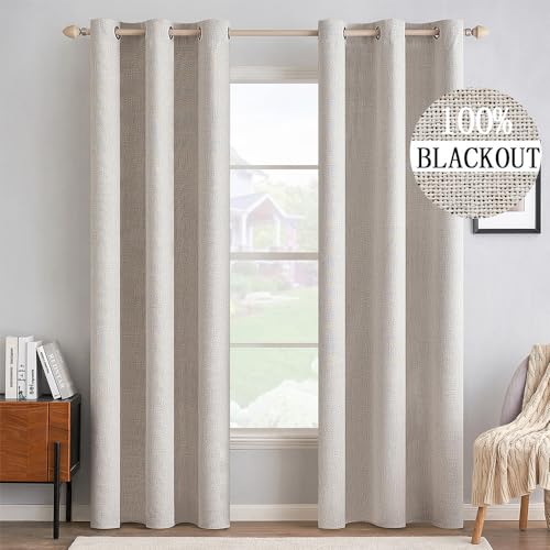 MIULEE 100% Blackout Linen Textured Curtains for Bedroom Solid Thermal Insulated Natural Beige Grommet Room Darkening Curtains & Drapes Luxury Decor for Living Room Nursery 52 x 84 Inch (2 Panels)