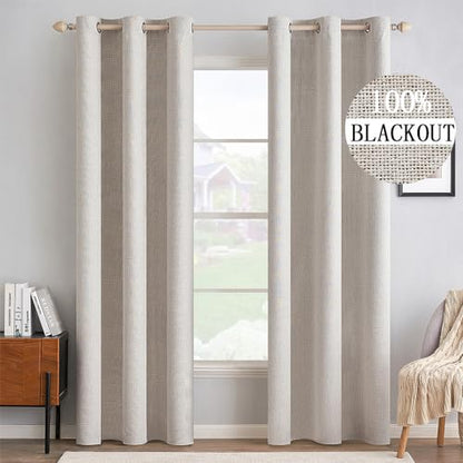 MIULEE 100% Blackout Linen Textured Curtains for Bedroom Solid Thermal Insulated Natural Beige Grommet Room Darkening Curtains & Drapes Luxury Decor for Living Room Nursery 52 x 84 Inch (2 Panels)