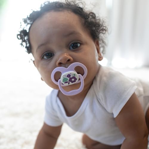 Dr. Brown's Advantage Glow-in-the-Dark Baby Pacifier, Fully Symmetrical Soother with Soft Silicone Bulb, Scooter Squirrel-Purple Nature, 6-18m, BPA Free, 4 Pack