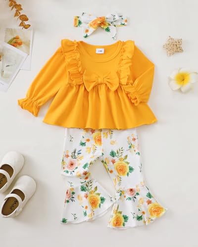 Toddler Baby Girl Clothes Fall/Winter Girls Outfits Ruffle Long Sleeve Tops Floral Flared Pants Girls' Clothing Sets