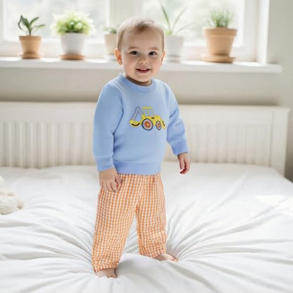 Toddler Baby Boy Fall Winter Outfit Long Sleeve Excavator Embroidery Pullover Plaid Wide Leg Pants Infant Clothes
