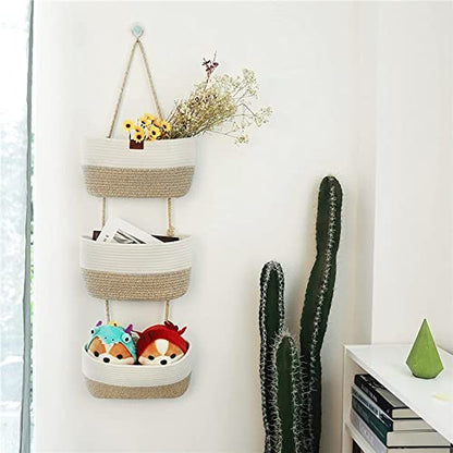 TeoKJ Over the Door Hanging Basket, 3-Tier Woven Cotton Wall-Mounted Storage Organizer Bag Decorative Hanging Nursery Baskets - Jute