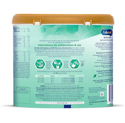Enfamil Reguline Baby Formula, Milk-Based Infant Nutrition, Dual Prebiotics for Soft, Comfortable Stools within 1 Week of Use, Omega-3 DHA for Immune Support, Reusable Powder Tub, 19.5 Oz