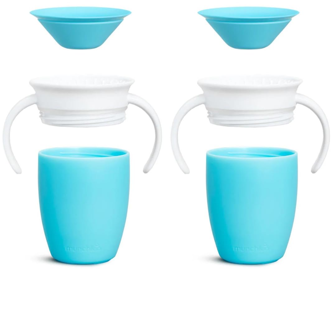 Munchkin Sippy Cup for 6 Month Old and Up, Spill Proof Miracle 360 Toddler Cups with Transition Handles, 7 Ounce, 2 Pack, Blue/Green