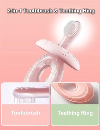 Baby Toothbrush & Teether, Silicone Teething Relief, Baby Tongue Cleaner, Extra Soft Bristle Toddler Training Toothbrush with Storage case, BPA Free, Adjustable Safety Shield - Pink