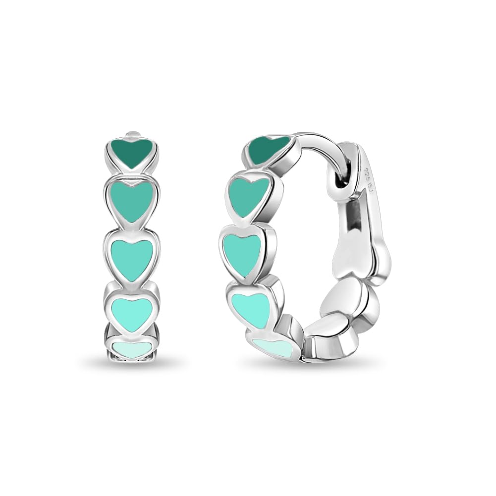 925 Sterling Silver Tiny Heart Enamel Huggie Hoop Earrings - Multicolored Heart Themed Hoops