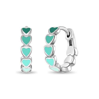 925 Sterling Silver Tiny Heart Enamel Huggie Hoop Earrings - Multicolored Heart Themed Hoops